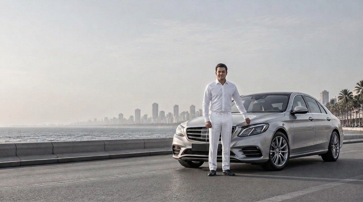 Professional chauffeur in a white uniform standing at the front of a silver sedan on Mumbai’s coastal boulevard